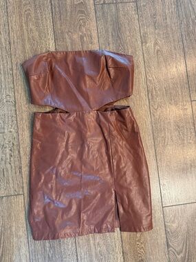 Amanda Uprichard Strapless Faux Leather Mini Dress in Chestnut Brown